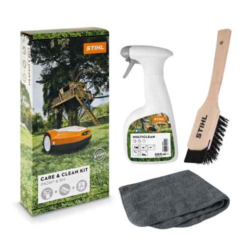 stihl zestaw care and clean do czyszczenia robotow koszacych i kosiarek, ze srodekiem multiclean, szczotka i scierka.jpg