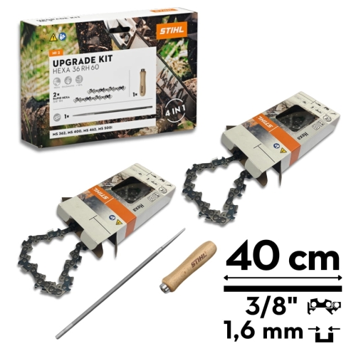 stihl zestaw modernizacyjny hexa2 36rh60, 2x lancuch stihl typu hexa, dlugosc 40cm, podzialka 38 cala, szerokosc 1,6mm, pilnik 5,2 mm hexa z uchwytem do ms 362, ms 400, ms 462, ms 500i zawartosc.jpg
